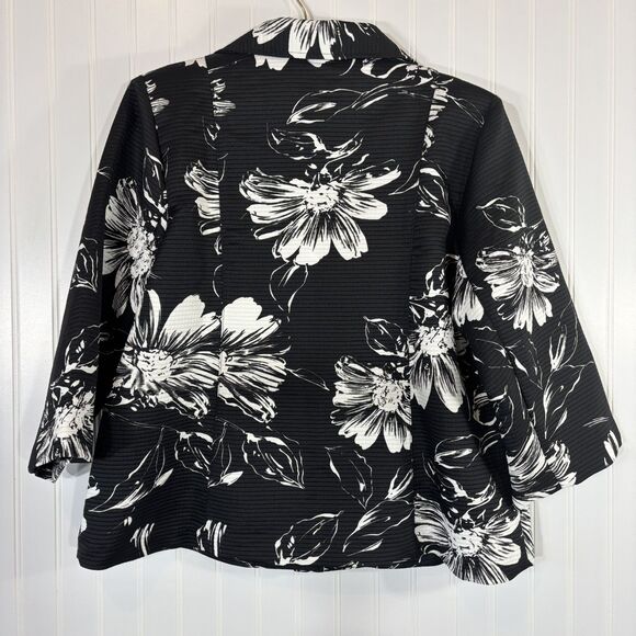 Susan Graver Style Black White Floral Button Up Jacket Size 1X Career Casual QVC - Picture 2 of 13